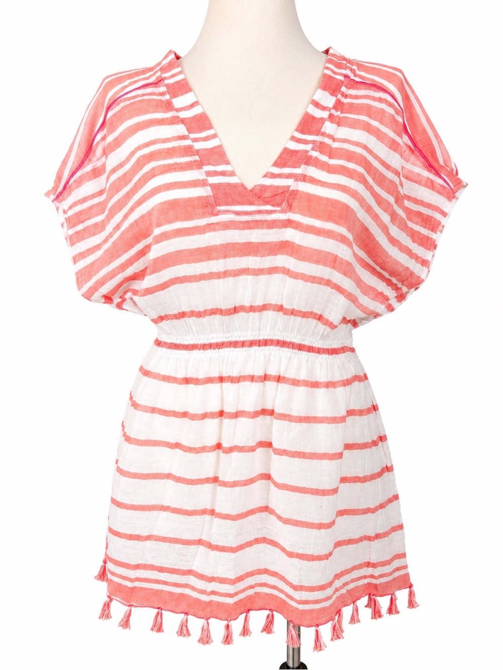 Athleta Beach Cover Up Dress Medium Coral Pink White Striped Tassel Hem Swim